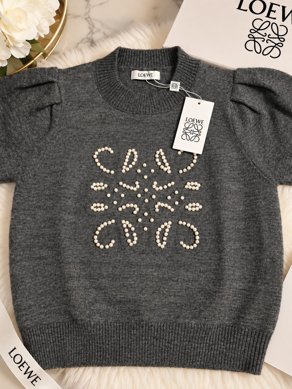 LOEWE Gray Pearl-Embellished Wool Sweater